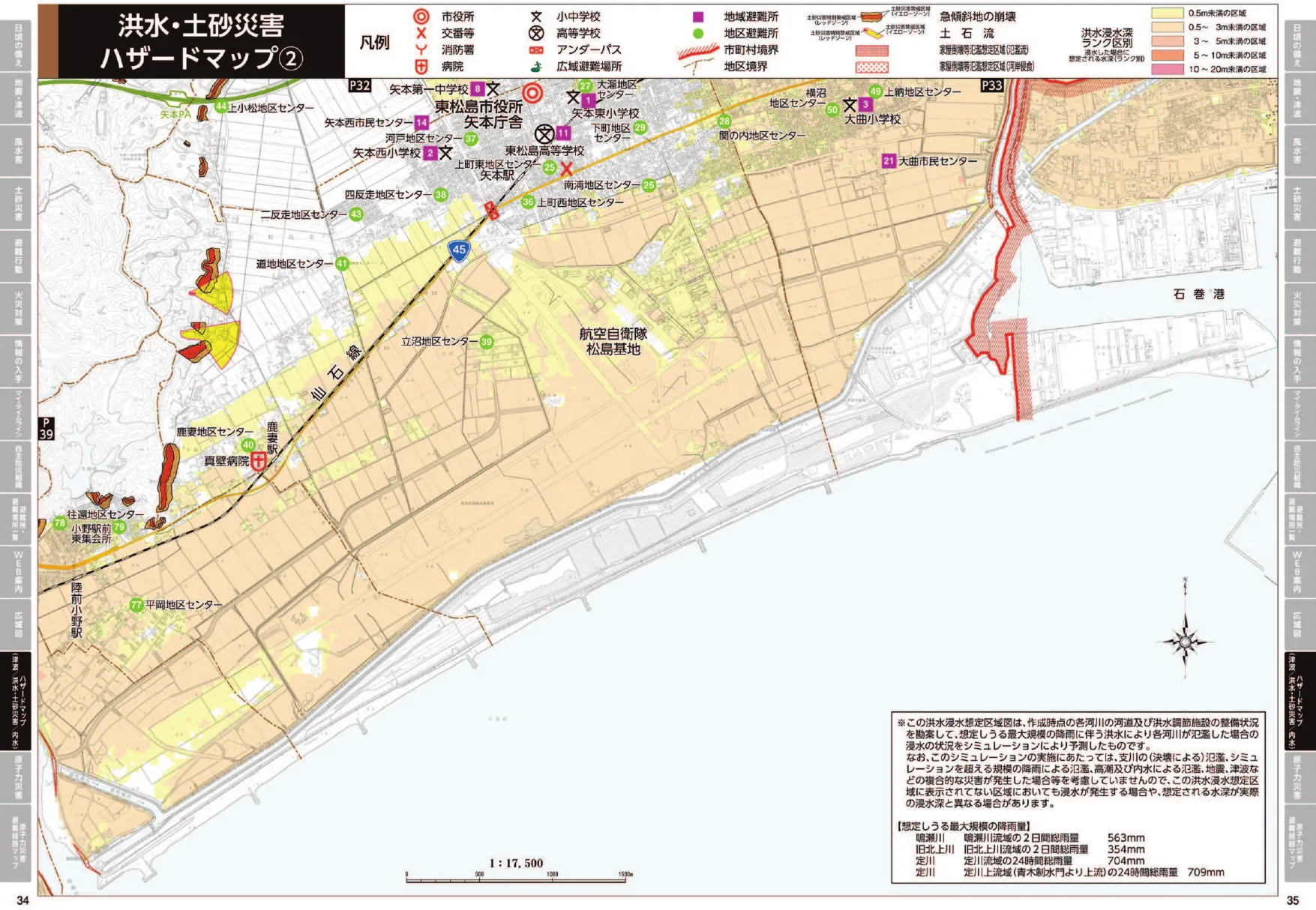 東松島市 洪水・土砂災害ハザードマップ2（地区避難場所記号入り）