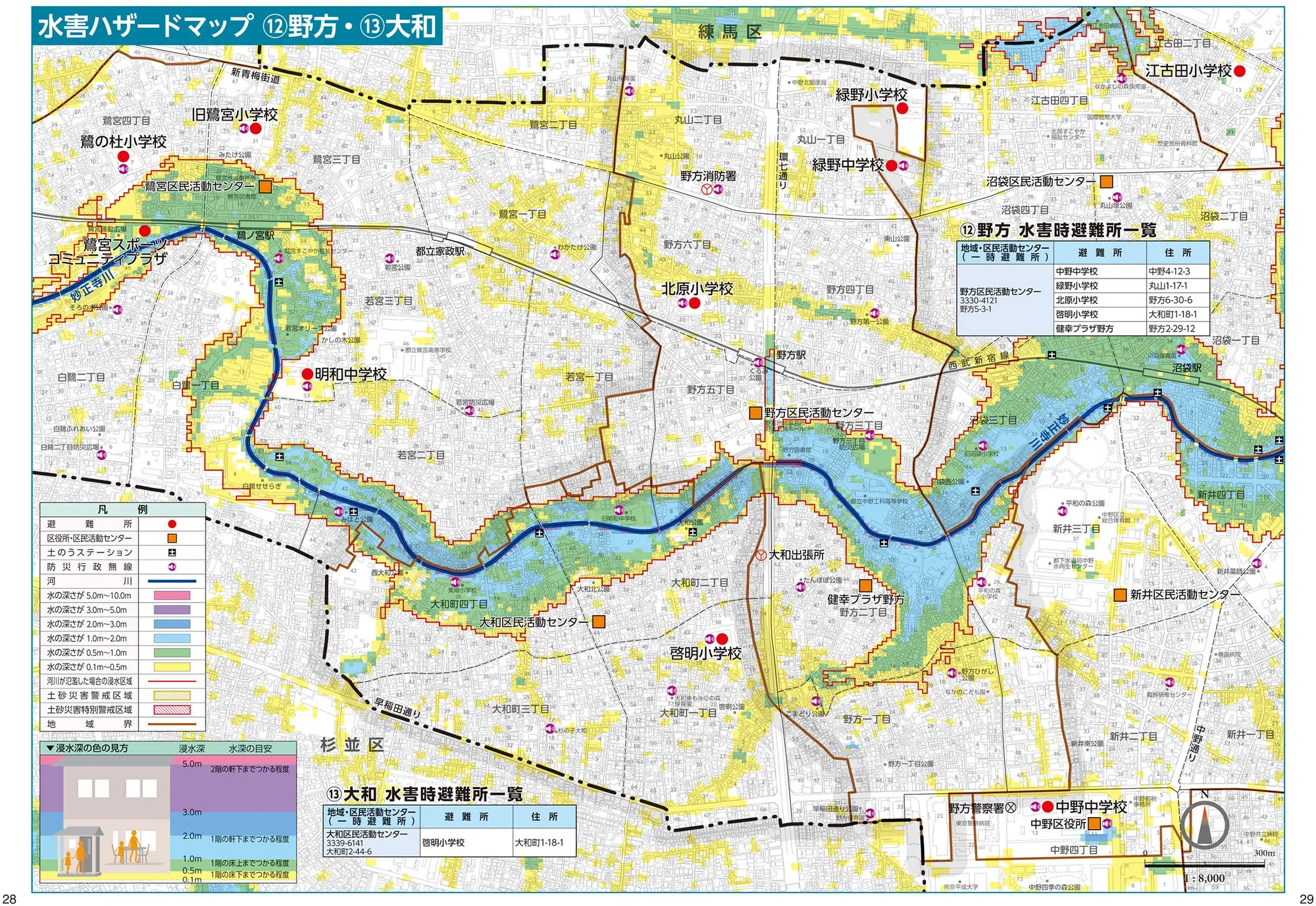 中野区 水害ハザードマップ 詳細図（6/8、避難所・浸水深入り）