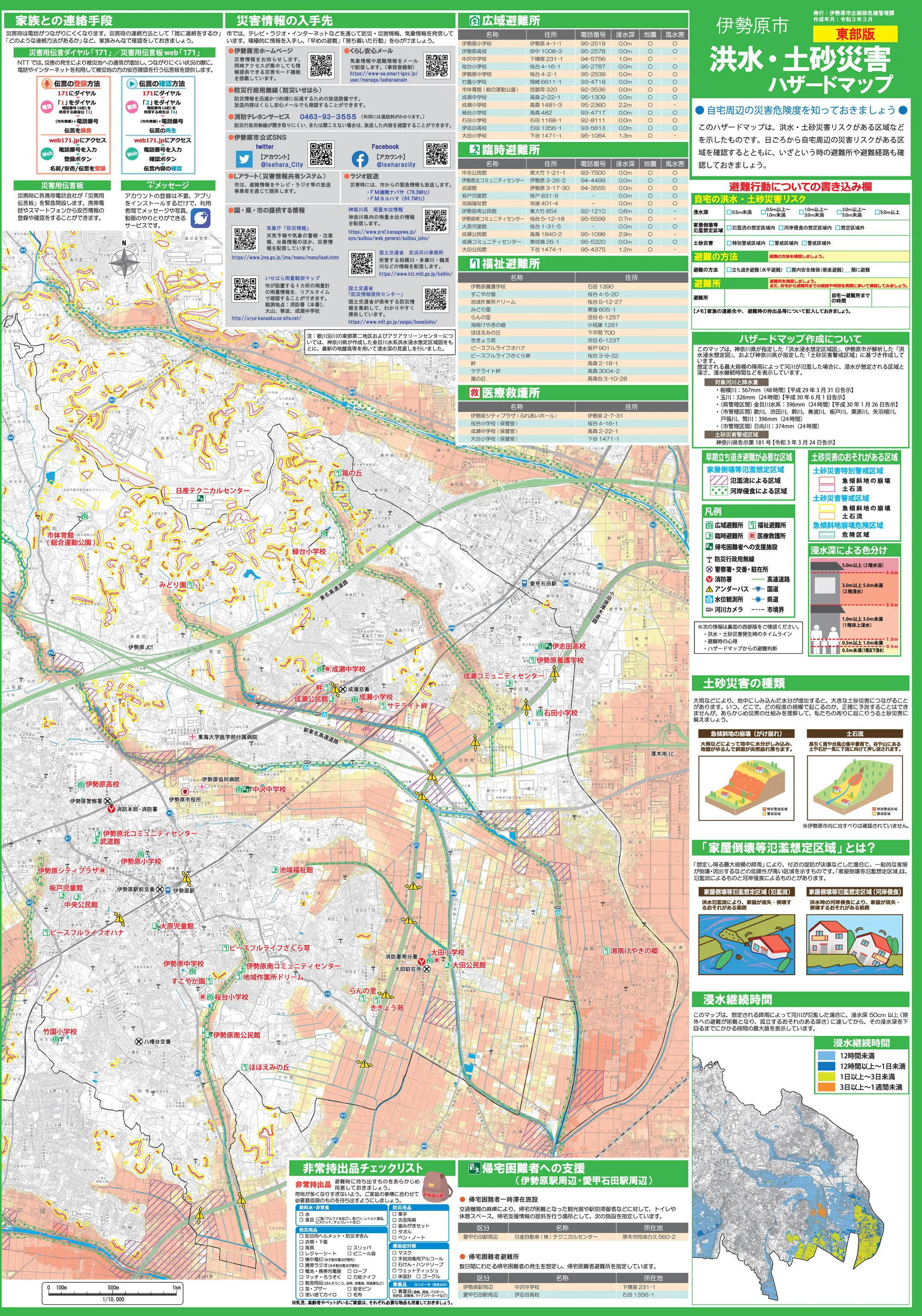 伊勢原市 洪水・土砂災害ハザードマップ（東部版、広域避難所・臨時避難所一覧入り）