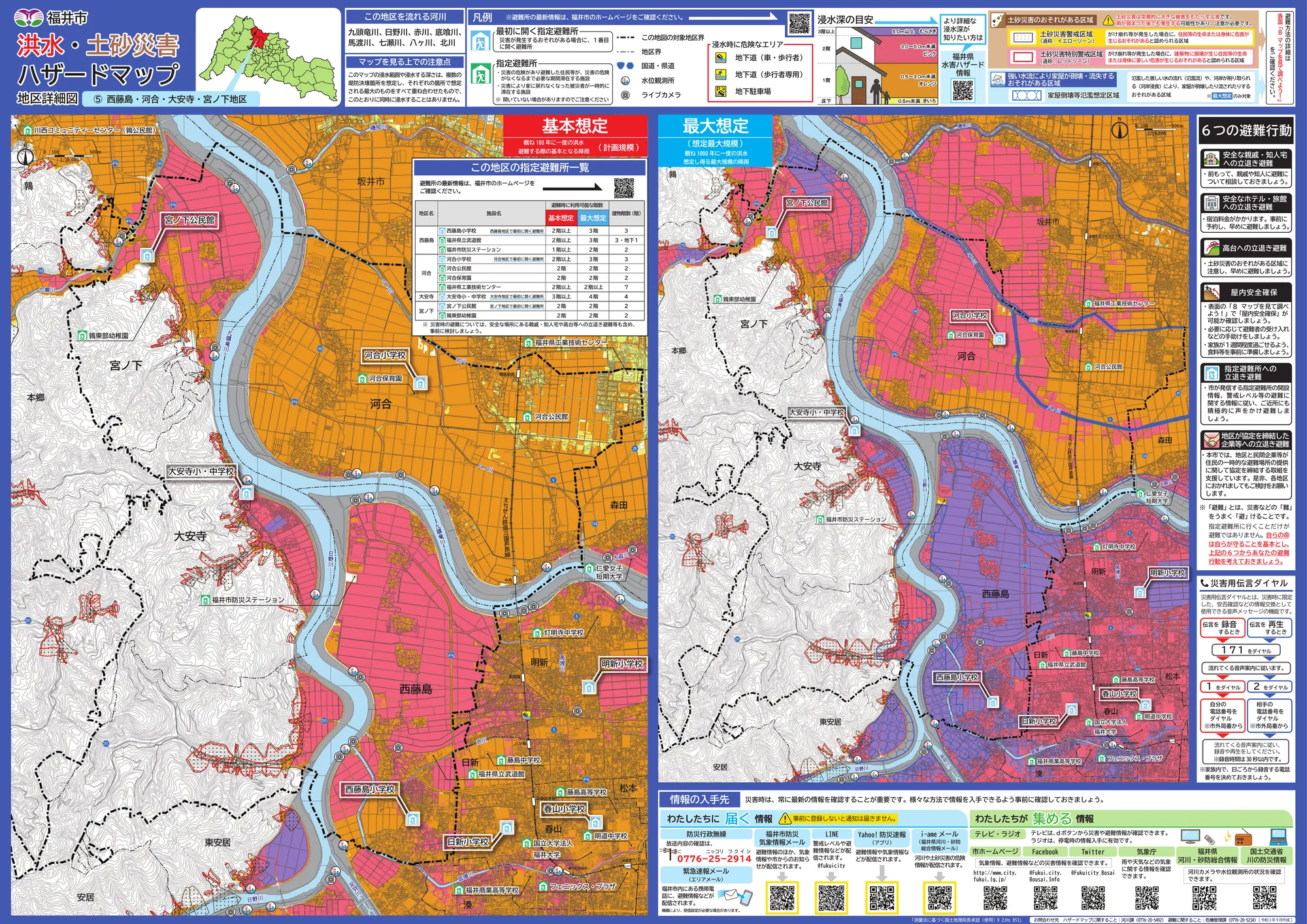 福井市 洪水・土砂災害ハザードマップ 地区詳細図5（指定避難所記号入り）