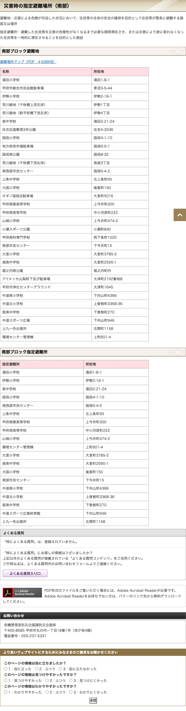甲府市 災害時の指定避難場所（南部）