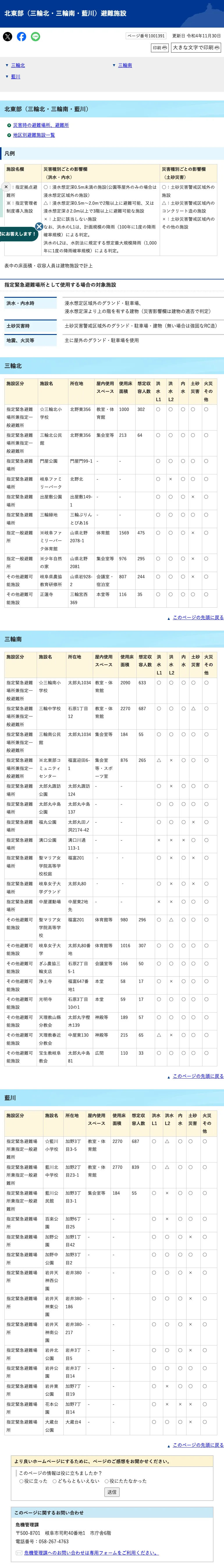 岐阜市 北東部（三輪北・三輪南・藍川） 避難施設一覧