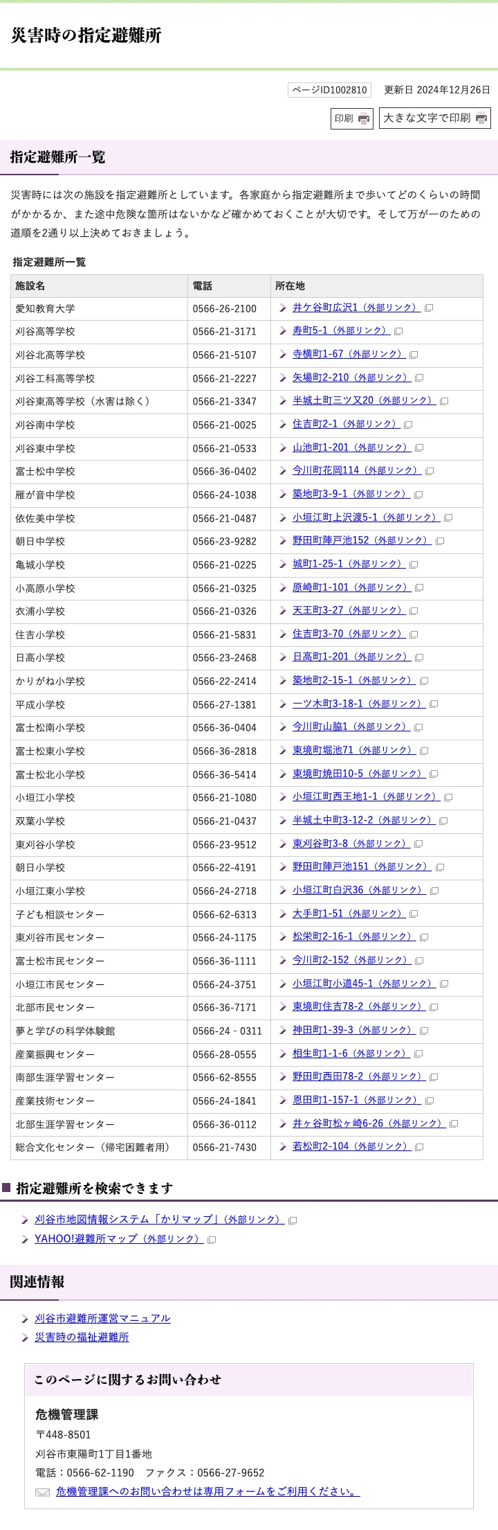 刈谷市 災害時の指定避難所一覧