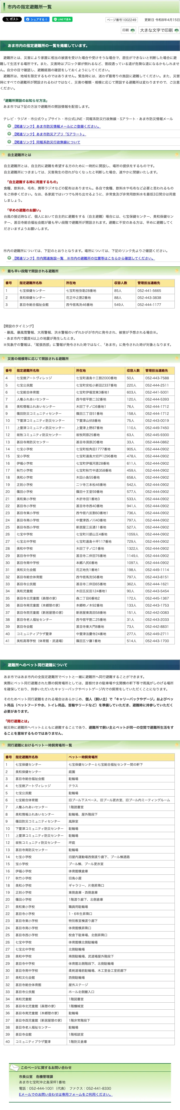あま市内の指定避難所一覧