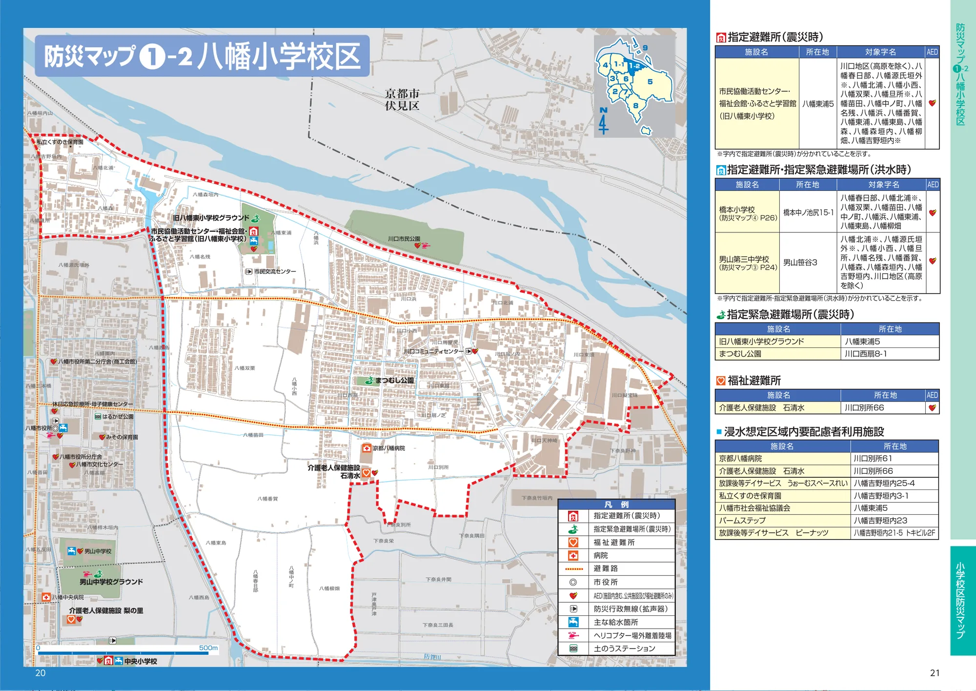 八幡市 防災マップ（八幡小学校区(1-2)、指定避難所記号入り）