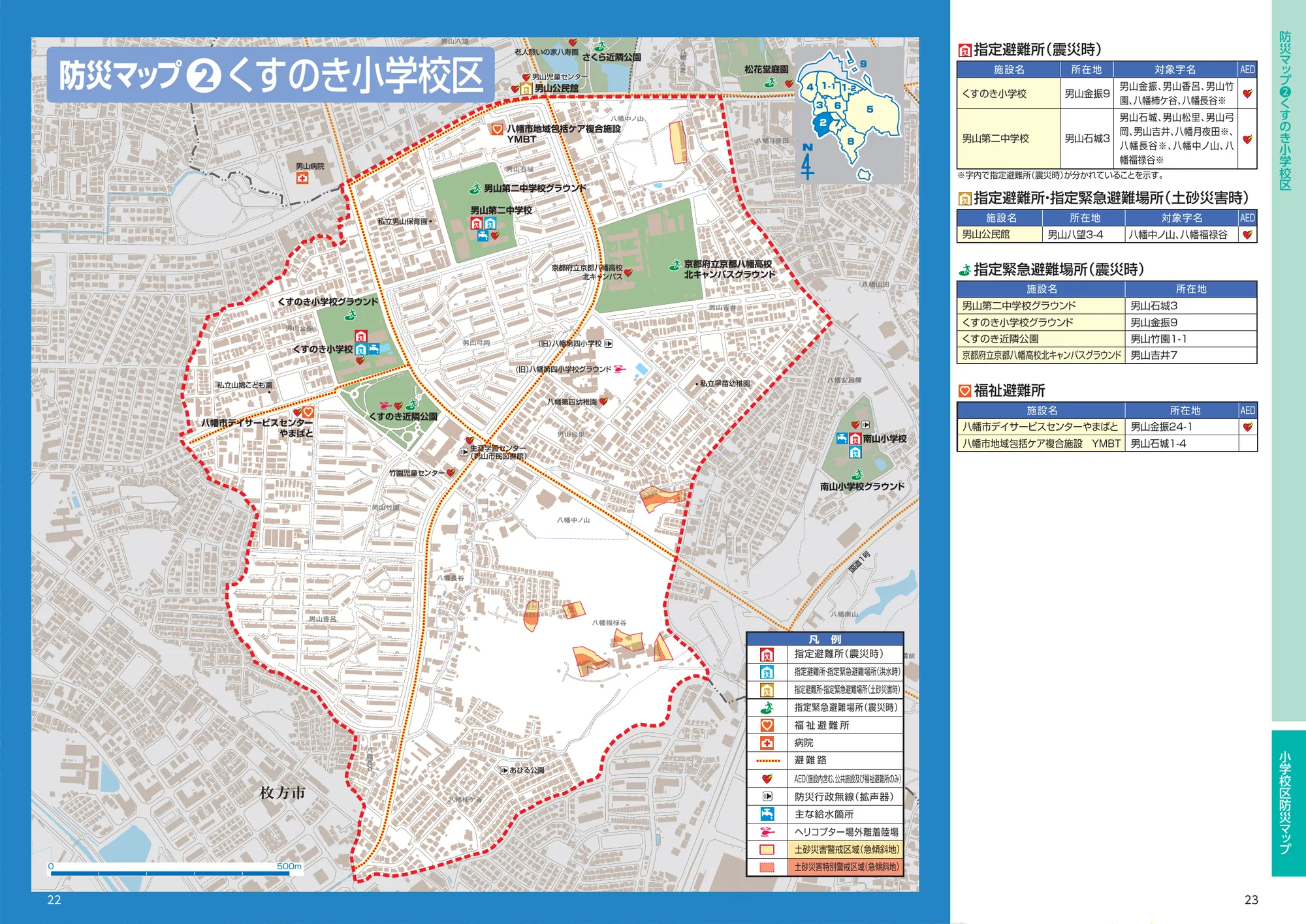 八幡市 防災マップ（くすのき小学校区、指定避難所記号入り）
