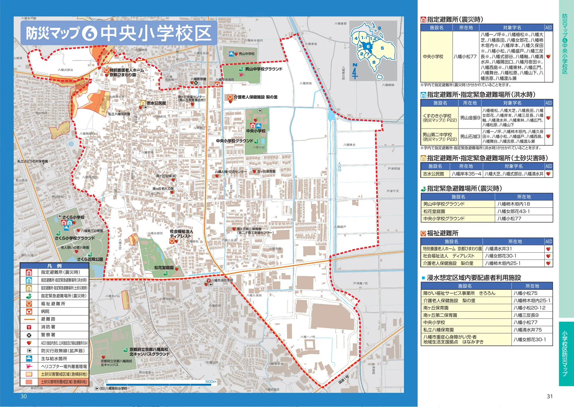 八幡市 防災マップ（中央小学校区、指定避難所記号入り）