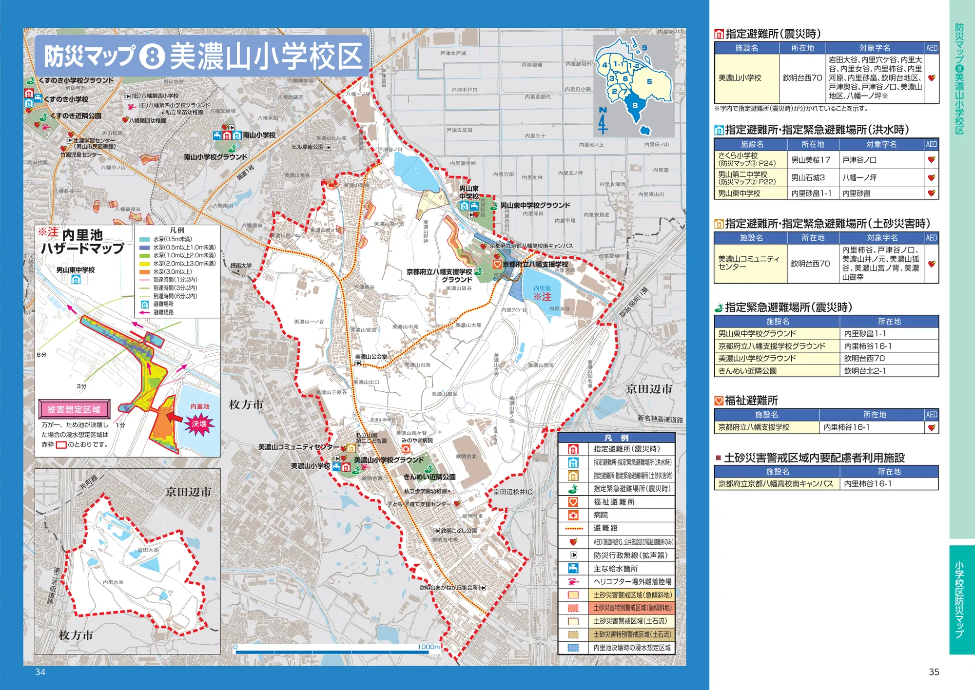 八幡市 防災マップ（美濃山小学校区、指定避難所記号入り）