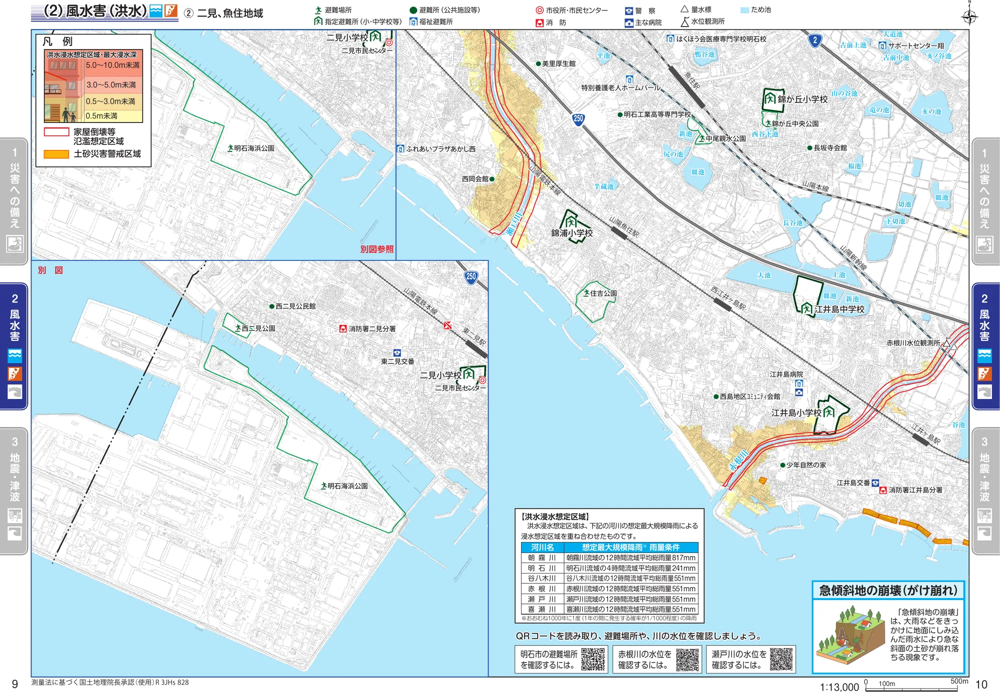 明石市 ハザードマップ（洪水、二見・魚住地域(2)、避難所記号入り）